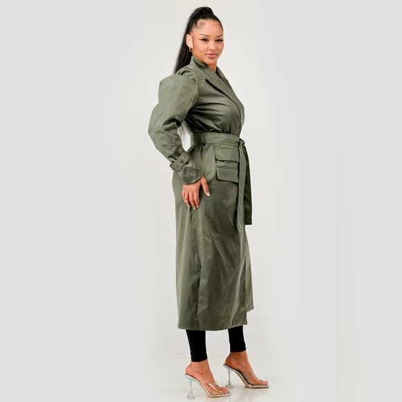 Olive Green Women's Trench Coat/with belt - Picture 6 of 8